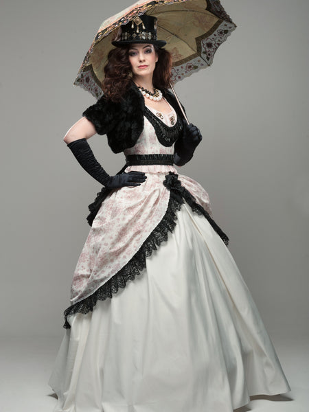 Steampunk Brautkleid in Elfenbein mit roséfarbenem Überrock, schwarzer Spitze, goldenen Zahnrädern, inkl. Zylinder, Gürtel, Handschuhen & Beutel, Größe 36.