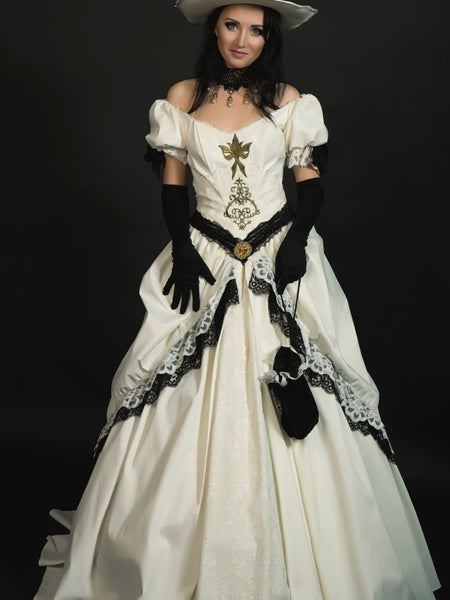 Steampunk-Brautkleid in Elfenbein mit schwarzer Spitze und Goldstickerei, inklusive Hut, Handschuhen und Samtbeutel, Größe 34, viktorianischer Stil, sehr guter Vintage-Zustand.