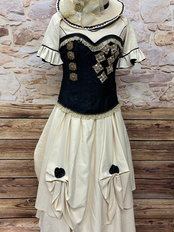 „Steampunk Brautkleid Unikat Elfenbein Schwarz mit Corsage und Hut viktorianischer Stil“