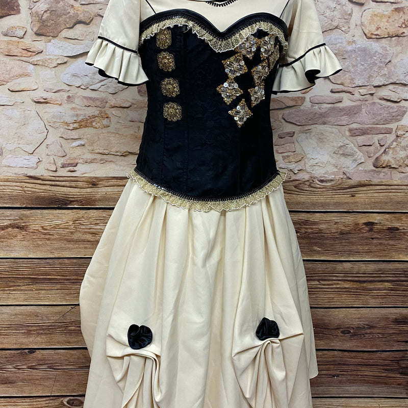 „Steampunk Brautkleid Unikat Elfenbein Schwarz mit Corsage und Hut viktorianischer Stil“