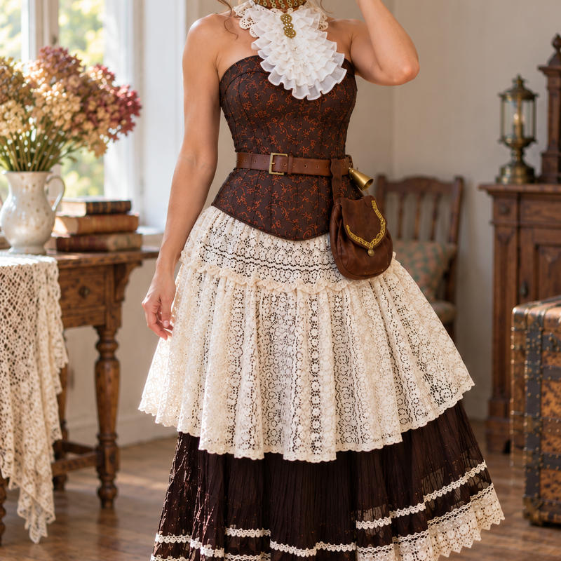 Steampunk Damen Outfit in Braun und Creme mit brauner Corsage, Spitzenrock, Lederaccessoires und kleinem Mini-Zylinder.