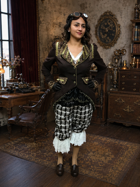 KI regenerietes Bild. Steampunk Damen Outfit in Braun-Creme mit Jacke, Bloomers und Goggles in stilvoller Salonkulisse.
