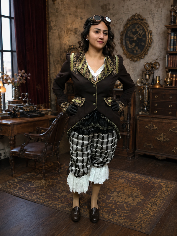 KI regenerietes Bild. Steampunk Damen Outfit in Braun-Creme mit Jacke, Bloomers und Goggles in stilvoller Salonkulisse.