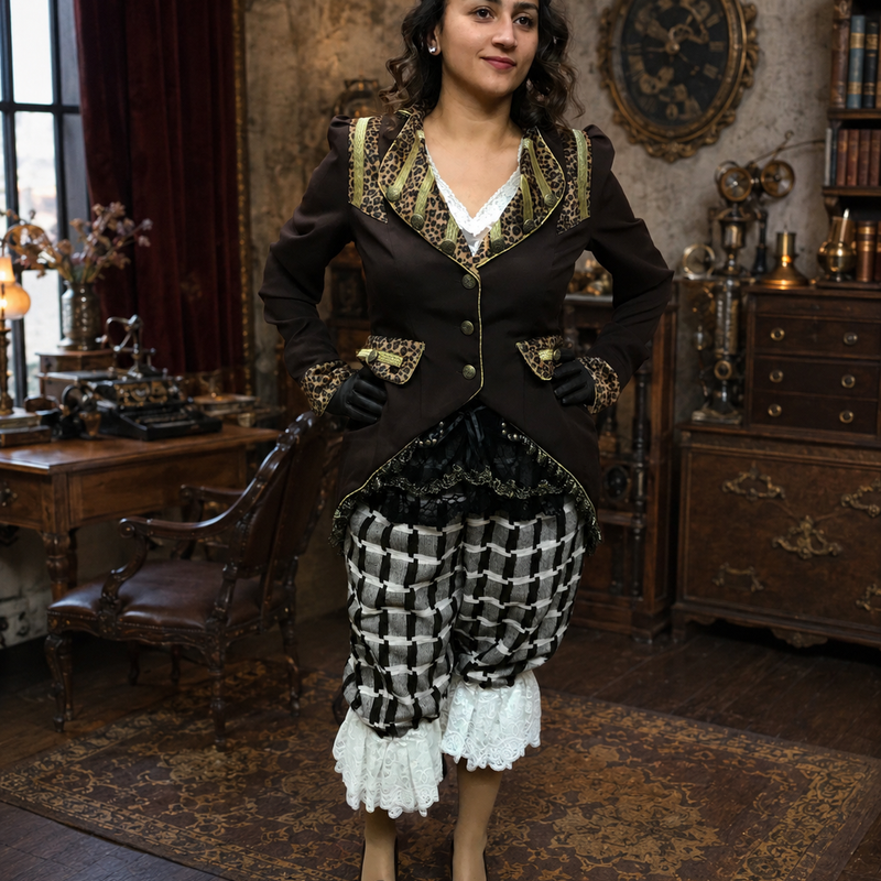 KI regenerietes Bild. Steampunk Damen Outfit in Braun-Creme mit Jacke, Bloomers und Goggles in stilvoller Salonkulisse.
