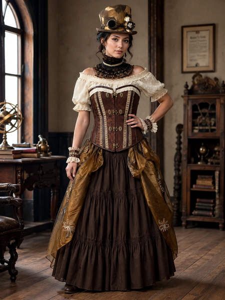 KI-generiertes Bild eines Damen Steampunk Outfits mit brauner Corsage, langem Rock, cremefarbener Bluse, Steampunk Hut mit Goggles, Spitzenkragen und einer Armmanschette in realer Umgebung.