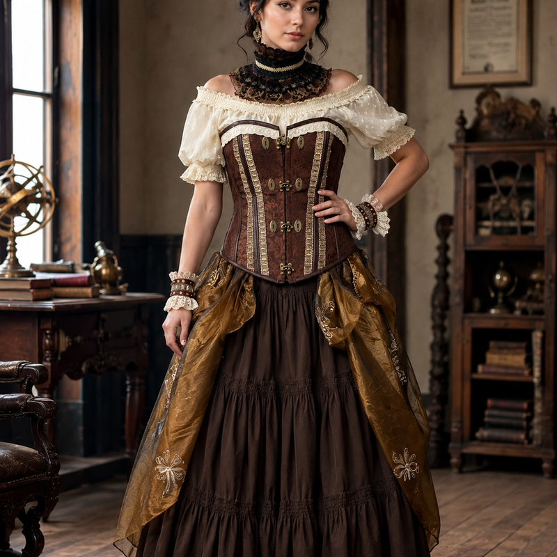 KI-generiertes Bild eines Damen Steampunk Outfits mit brauner Corsage, langem Rock, cremefarbener Bluse, Steampunk Hut mit Goggles, Spitzenkragen und einer Armmanschette in realer Umgebung.
