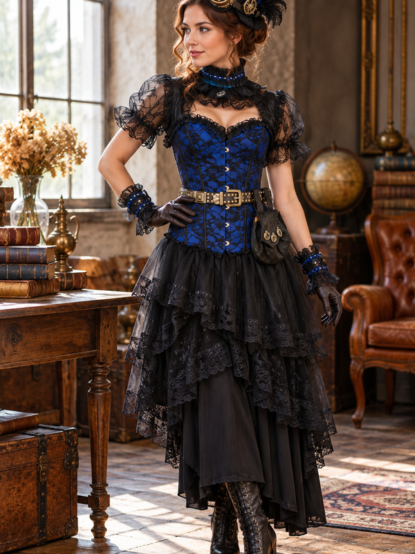 Steampunk Damen Outfit Gr. 36 in Blau und Schwarz mit Corsage, Spitzenrock, Gürtel, Tasche, Handschuhen und Goggles am Model