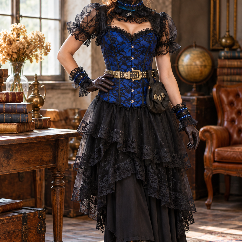 Steampunk Damen Outfit Gr. 36 in Blau und Schwarz mit Corsage, Spitzenrock, Gürtel, Tasche, Handschuhen und Goggles am Model
