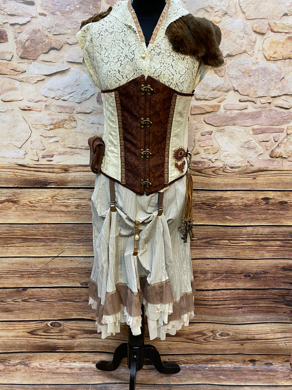 Steampunk Damen Outfit Gr. 38/40 mit creme-brauner Corsage, langem Rock, Goggles und Accessoires