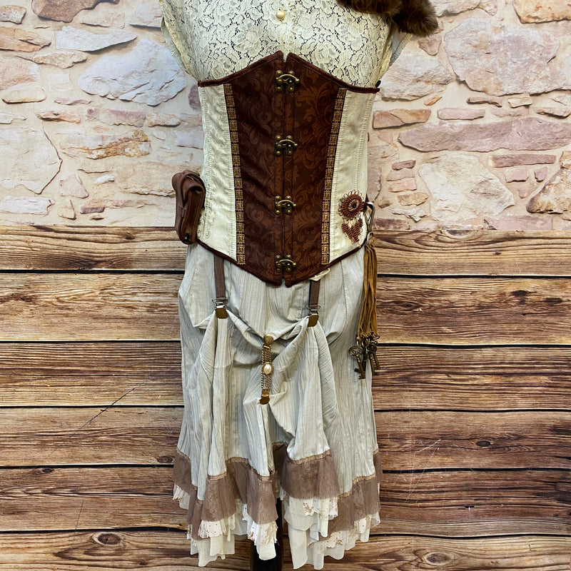 Steampunk Damen Outfit Gr. 38/40 mit creme-brauner Corsage, langem Rock, Goggles und Accessoires
