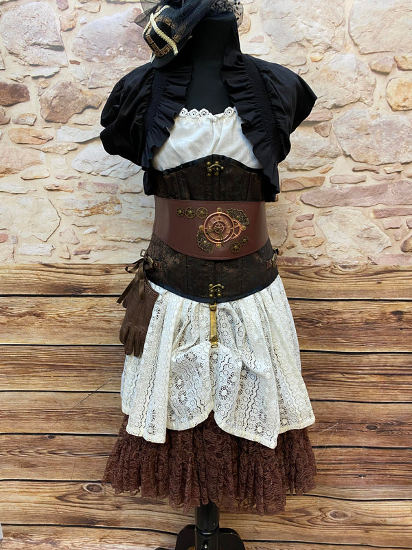 Steampunk Damen Outfit Gr. 38 in Braun, Schwarz und Creme mit Corsage, Spitzenrock, Steampunk-Gürtel, Mini-Zylinder und Lederhandschuhen