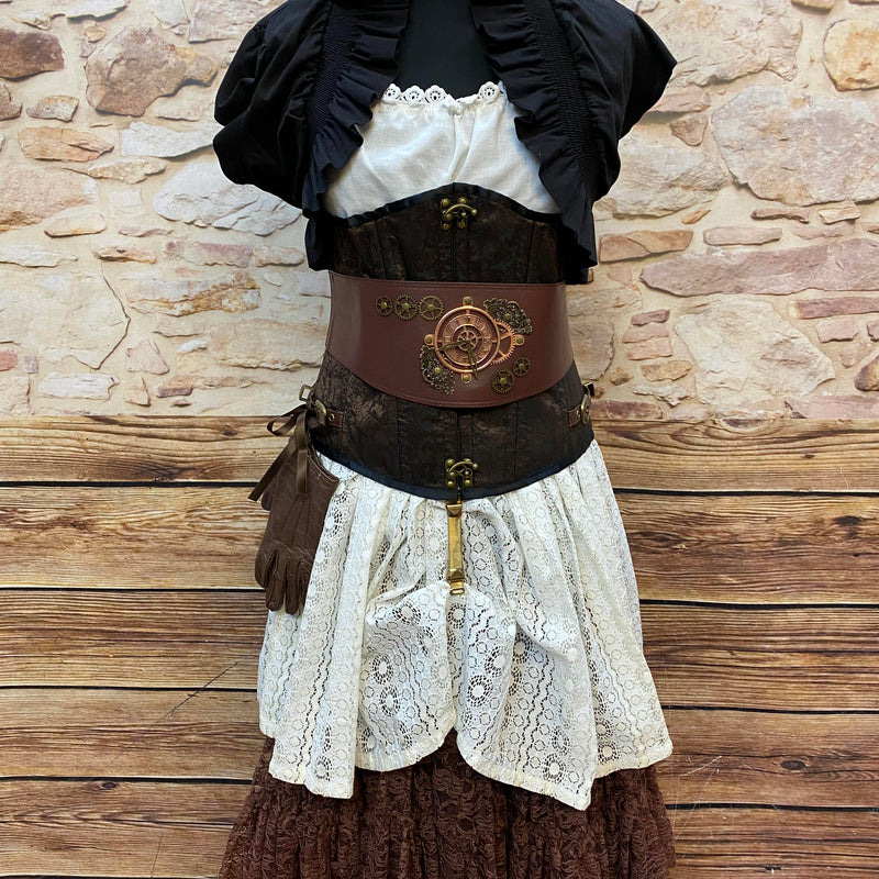 Steampunk Damen Outfit Gr. 38 in Braun, Schwarz und Creme mit Corsage, Spitzenrock, Steampunk-Gürtel, Mini-Zylinder und Lederhandschuhen