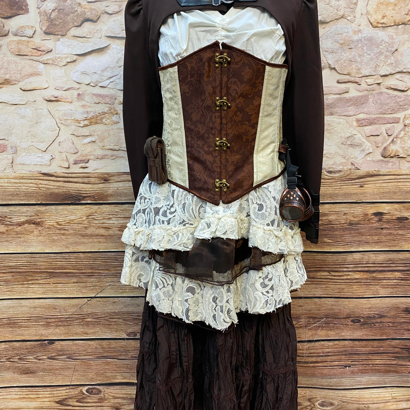 Steampunk Damen Outfit Größe 42 in Braun und Creme mit Corsage Spitzenrock Jacke Goggles und Ledertasche