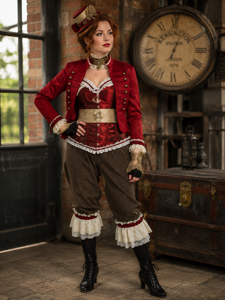 KI-generiertes Bild eines Steampunk Damen Outfits in Rot und Schwarz mit roter Corsage, kurzer Bloomers-Hose, Military-Jacke, Mini-Zylinder, Halsmanschette, Gürtel, Spitzenbesatz und schwarzen Schnürstiefeln in viktorianischer Umgebung.
