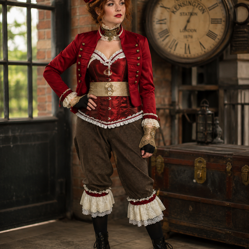 KI-generiertes Bild eines Steampunk Damen Outfits in Rot und Schwarz mit roter Corsage, kurzer Bloomers-Hose, Military-Jacke, Mini-Zylinder, Halsmanschette, Gürtel, Spitzenbesatz und schwarzen Schnürstiefeln in viktorianischer Umgebung.