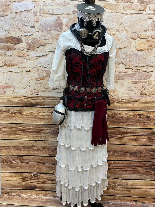 Steampunk Damen Outfit Rot Schwarz mit Corsage weißem Volantrock Zylinder Goggles und zahlreichen Accessoires Größe 42, Ansicht 1