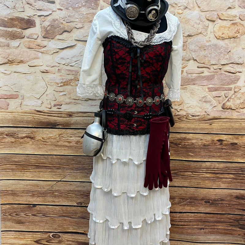 Steampunk Damen Outfit Rot Schwarz mit Corsage weißem Volantrock Zylinder Goggles und zahlreichen Accessoires Größe 42, Ansicht 1