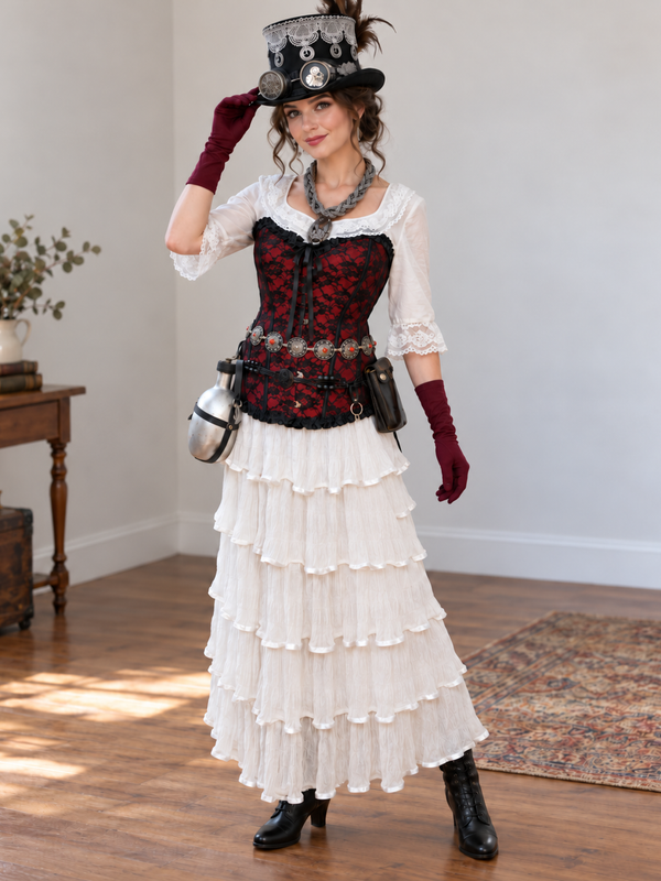 Steampunk Damen Outfit rot schwarz mit Corsage und Zylinder