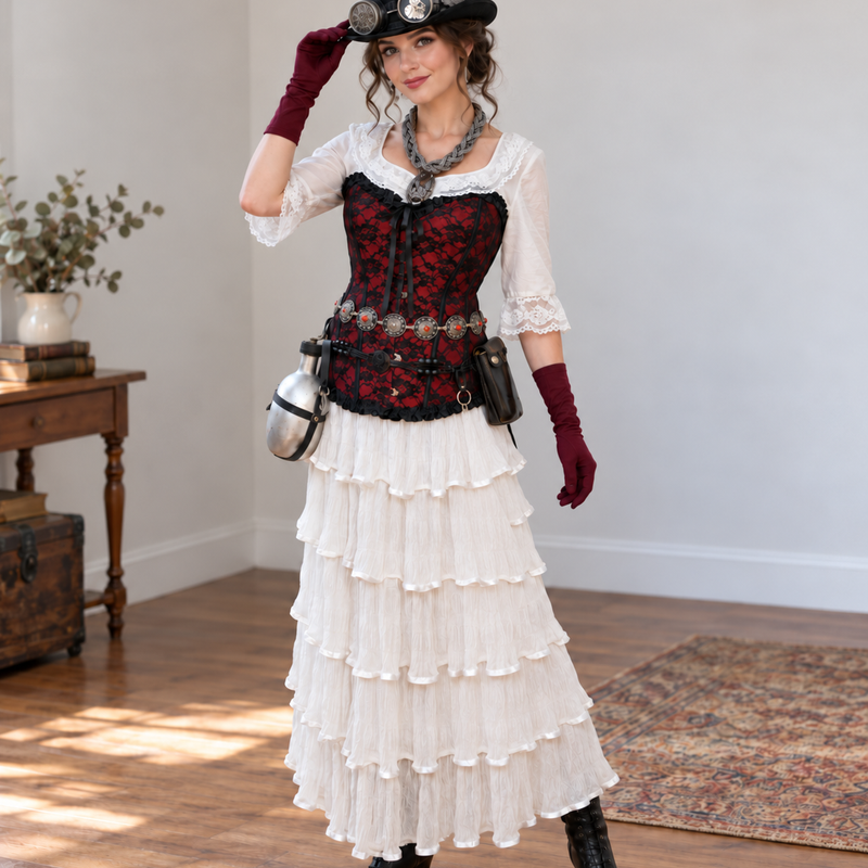 Steampunk Damen Outfit rot schwarz mit Corsage und Zylinder