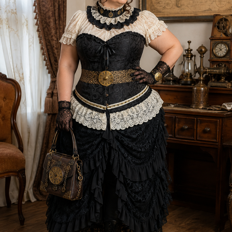 KI-generiertes Bild eines etwas fülligeren Models in einem schwarzen Steampunk Damen Outfit mit Corsage, Spitzenbluse, Halskrause, Rüschenrock, goldfarbenem Gürtel, Minizylinder, Handschuhen, Steampunk Handtasche und halbhohen schwarzen Schnürstiefeln in viktorianischer Umgebung.