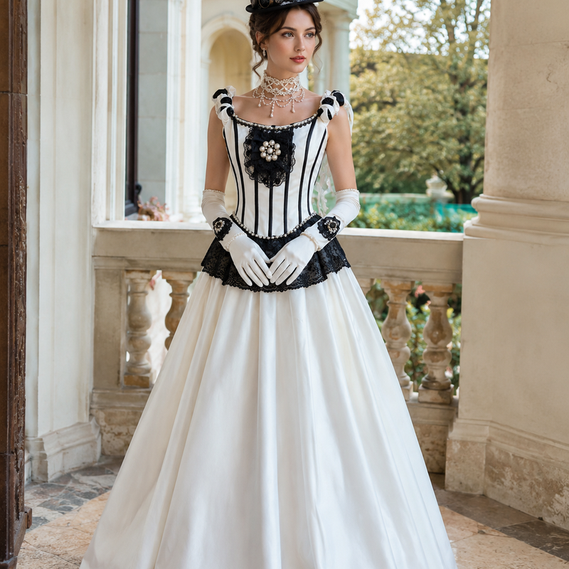 KI-generiertes Tragebeispiel eines Steampunk Damen Outfits mit schwarz-weißer Corsage, cremefarbenem Rock, schwarzem Spitzenbesatz, Perlenkette, Handschuhen und Steampunk-Zylinder in historischer Umgebung