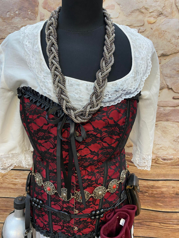 Steampunk Damen Outfit Rot Schwarz mit Corsage weißem Volantrock Zylinder Goggles und zahlreichen Accessoires Größe 42, Ansicht 4