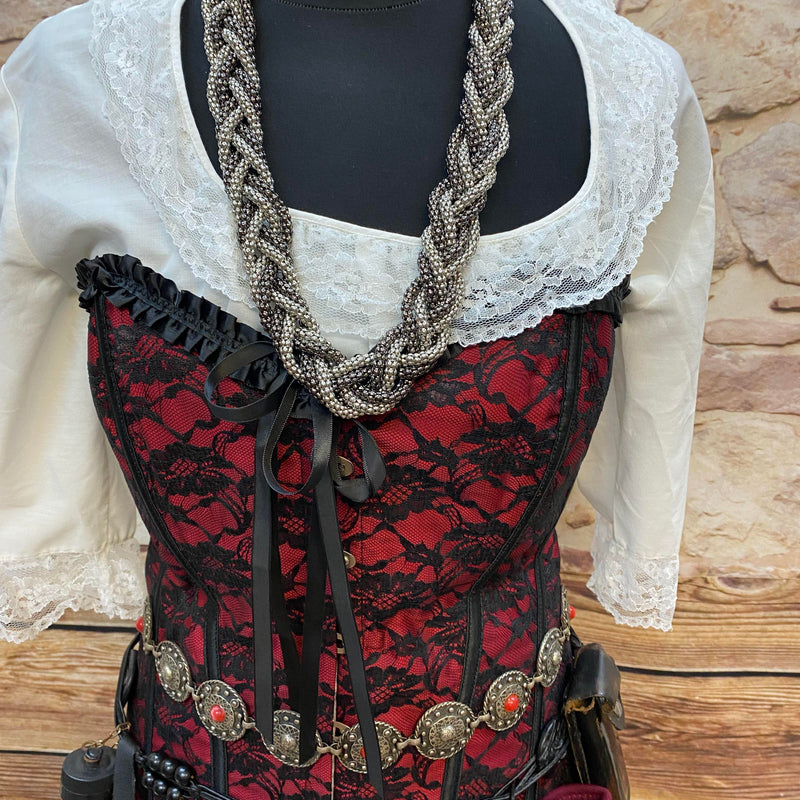 Steampunk Damen Outfit Rot Schwarz mit Corsage weißem Volantrock Zylinder Goggles und zahlreichen Accessoires Größe 42, Ansicht 4