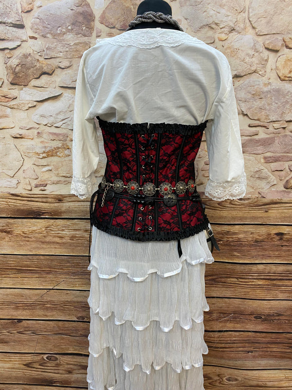 Steampunk Damen Outfit Rot Schwarz mit Corsage weißem Volantrock Zylinder Goggles und zahlreichen Accessoires Größe 42, Ansicht 5