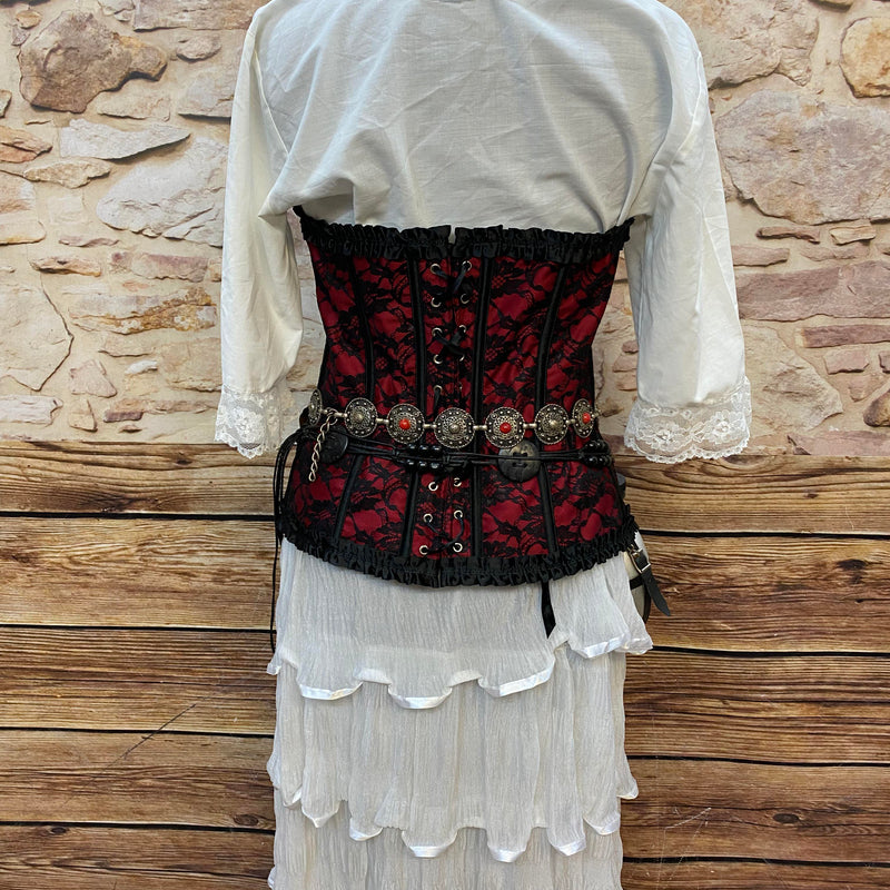 Steampunk Damen Outfit Rot Schwarz mit Corsage weißem Volantrock Zylinder Goggles und zahlreichen Accessoires Größe 42, Ansicht 5
