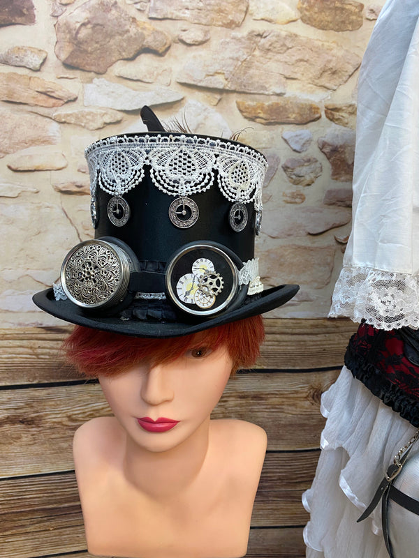 Steampunk Damen Outfit Rot Schwarz mit Corsage weißem Volantrock Zylinder Goggles und zahlreichen Accessoires Größe 42, Ansicht 6