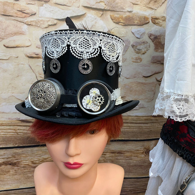 Steampunk Damen Outfit Rot Schwarz mit Corsage weißem Volantrock Zylinder Goggles und zahlreichen Accessoires Größe 42, Ansicht 6