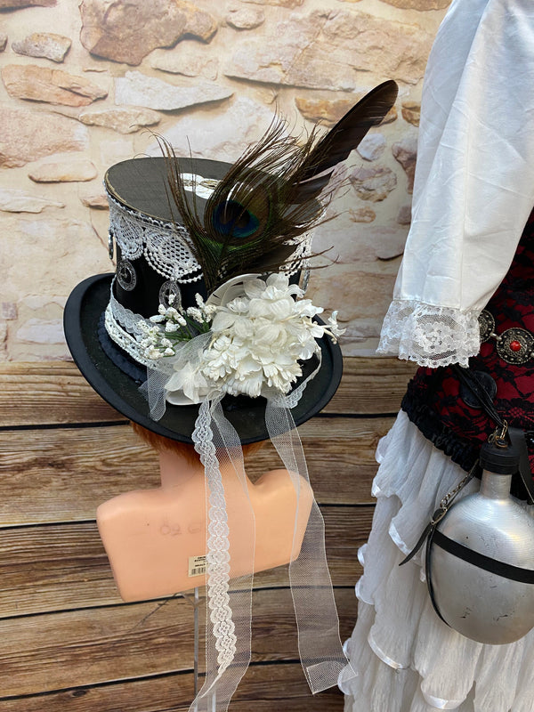 Steampunk Damen Outfit Rot Schwarz mit Corsage weißem Volantrock Zylinder Goggles und zahlreichen Accessoires Größe 42, Ansicht 7