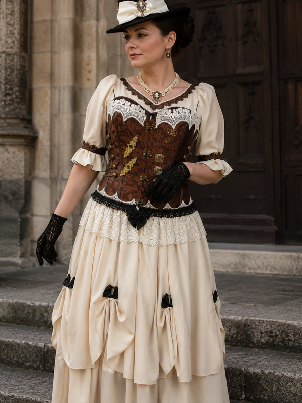 KI-generiertes Tragebeispiel eines Steampunk Damen Outfits mit brauner Corsage, cremefarbenem Rock, schwarzem Hut, Spitzenhandschuhen und viktorianischen Details vor historischer Architekt