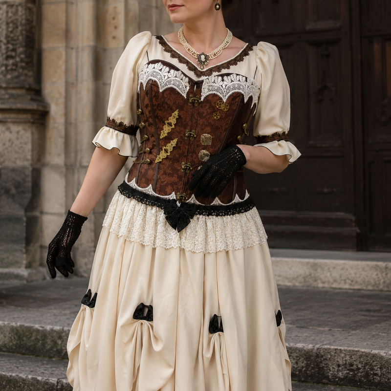 KI-generiertes Tragebeispiel eines Steampunk Damen Outfits mit brauner Corsage, cremefarbenem Rock, schwarzem Hut, Spitzenhandschuhen und viktorianischen Details vor historischer Architekt