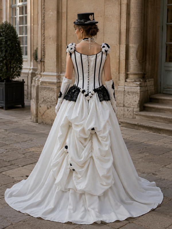 KI-generiertes Tragebeispiel der Rückseite eines schwarz-weißen Steampunk Damenkleids mit Corsage, schwarzer Spitze, cremefarbenem Rock, Schleppe, Handschuhen und Steampunk-Zylinder in historischer Stein-Umgebung