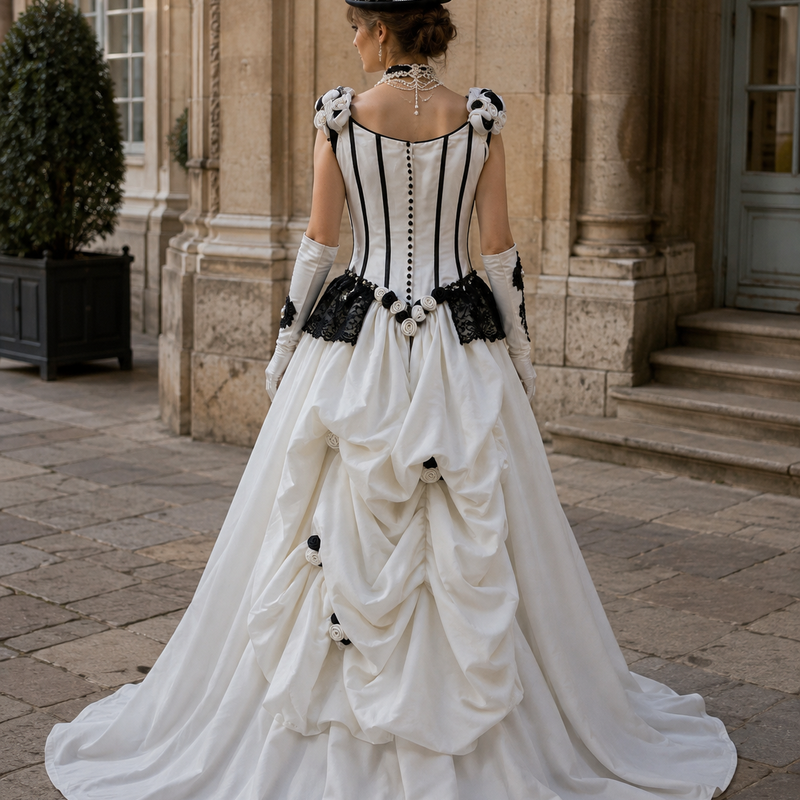 KI-generiertes Tragebeispiel der Rückseite eines schwarz-weißen Steampunk Damenkleids mit Corsage, schwarzer Spitze, cremefarbenem Rock, Schleppe, Handschuhen und Steampunk-Zylinder in historischer Stein-Umgebung