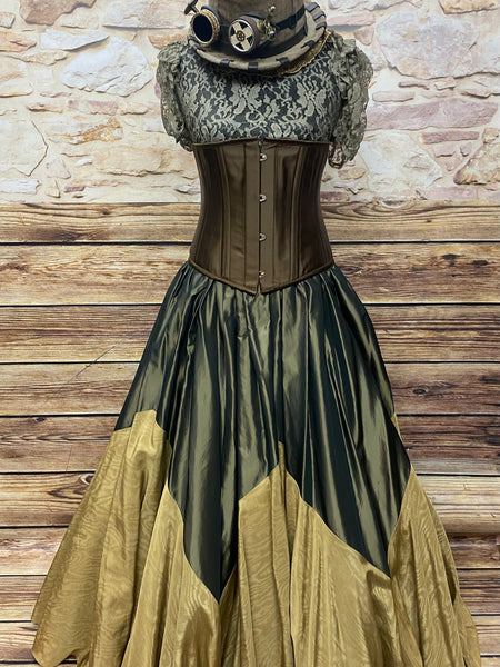 Steampunk Damenkostüm Gr. 38 in Oliv & Gold mit Corsage, Vintage-Rock von Doree, viktorianischem Jabot und handgefertigtem Zylinder mit Goggles – Unikat, sehr guter Zustand