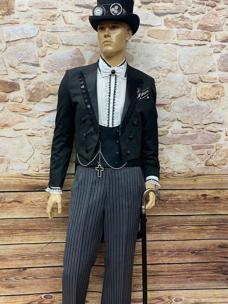 „Steampunk Frack Anzug Herren Unikat schwarz grau gestreifte Stresemann Hose“