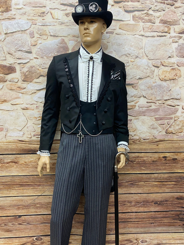 „Steampunk Frack Anzug Herren Unikat schwarz grau gestreifte Stresemann Hose“