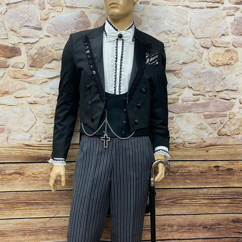 „Steampunk Frack Anzug Herren Unikat schwarz grau gestreifte Stresemann Hose“