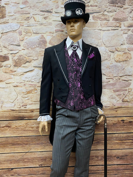 „Viktorianischer Steampunk Frack für Herren mit violetter Weste und Stresemannhose, echtes Vintage Unikat“