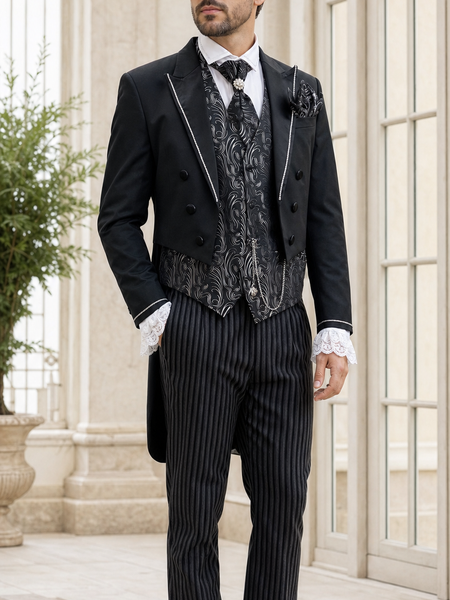 KI-generiertes Tragebeispiel eines Steampunk Herren Outfits Gr. 50 mit Frack, Zylinder und gestreifter Hose