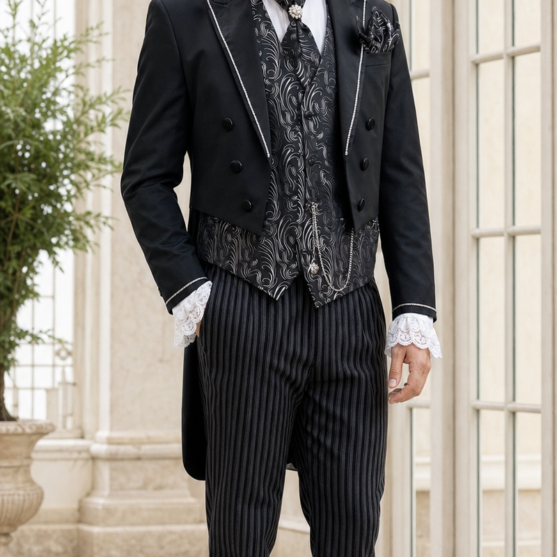 KI-generiertes Tragebeispiel eines Steampunk Herren Outfits Gr. 50 mit Frack, Zylinder und gestreifter Hose