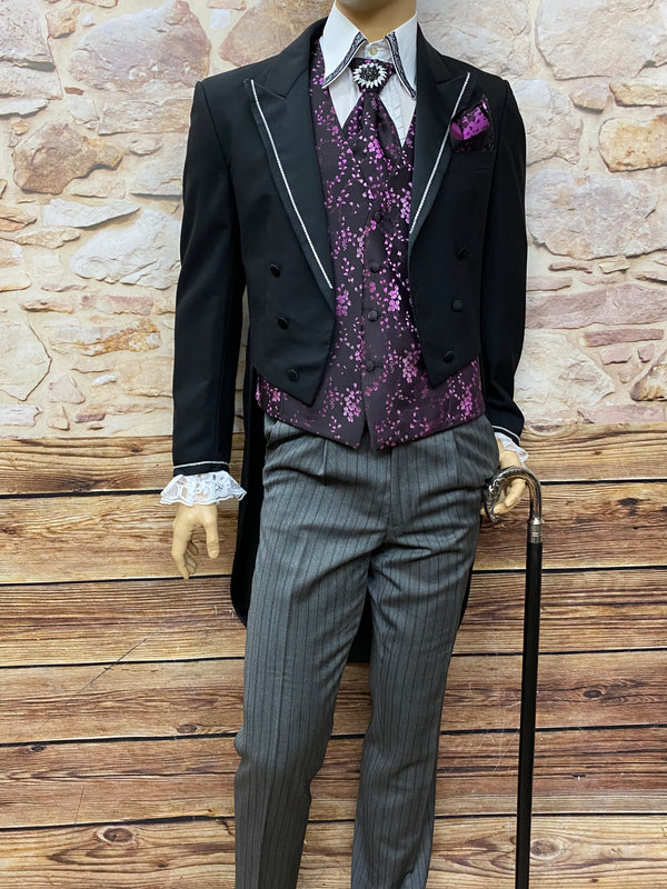 Steampunk Herren Frack Outfit Größe 48 mit violetter Weste, Stresemannhose, Plastron, Einstecktuch und Brosche