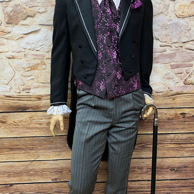 Steampunk Herren Frack Outfit Größe 48 mit violetter Weste, Stresemannhose, Plastron, Einstecktuch und Brosche
