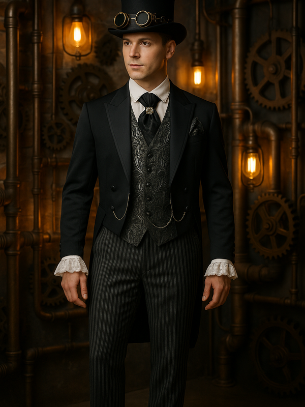Steampunk Hochzeits-Frack mit Stresemann-Hose, Weste, Platron und weißes Rüschnehemd Größe 50