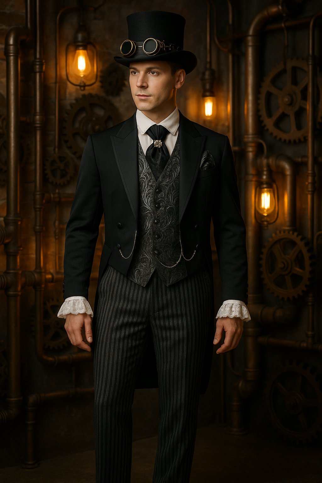 Steampunk Hochzeits-Frack mit Stresemann-Hose, Weste, Platron und weißes Rüschnehemd Größe 50