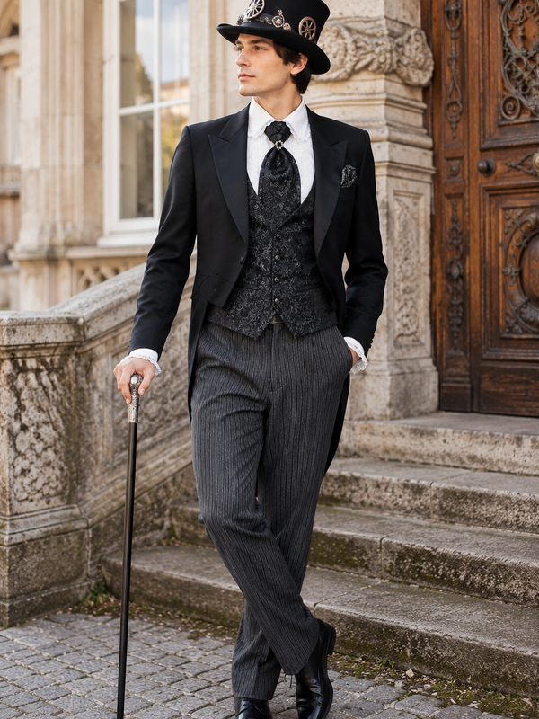 Mann im Steampunk Herren Outfit Größe 46 mit schwarzem Cutaway, gestreifter Stresemannhose, Rüschenhemd, Brokatweste, anderem Steampunk-Zylinder und Stock