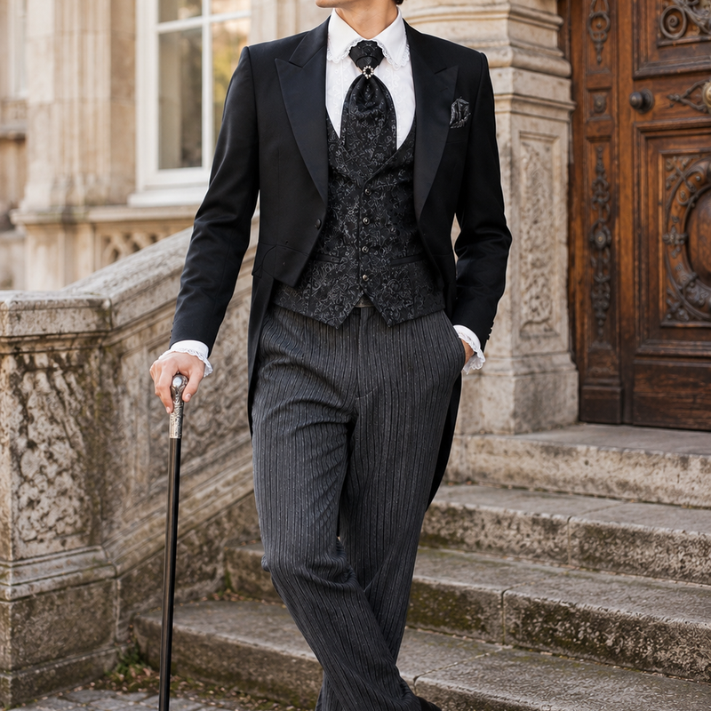 Mann im Steampunk Herren Outfit Größe 46 mit schwarzem Cutaway, gestreifter Stresemannhose, Rüschenhemd, Brokatweste, anderem Steampunk-Zylinder und Stock