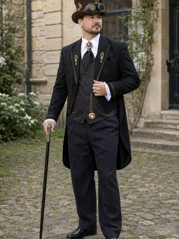 Steampunk Herren Outfit mit schwarzem Frack, gestreifter Stresemannhose, Zylinder und Stock in historischer Umgebung